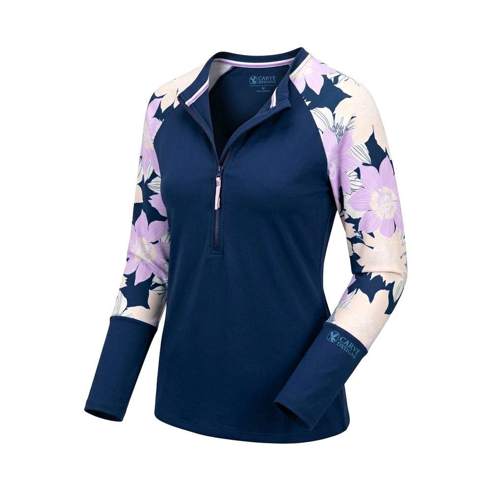 Carve Designs Women's XL Blue Floral Raglan Long Sleeve 1/4 Zip Athletic Top